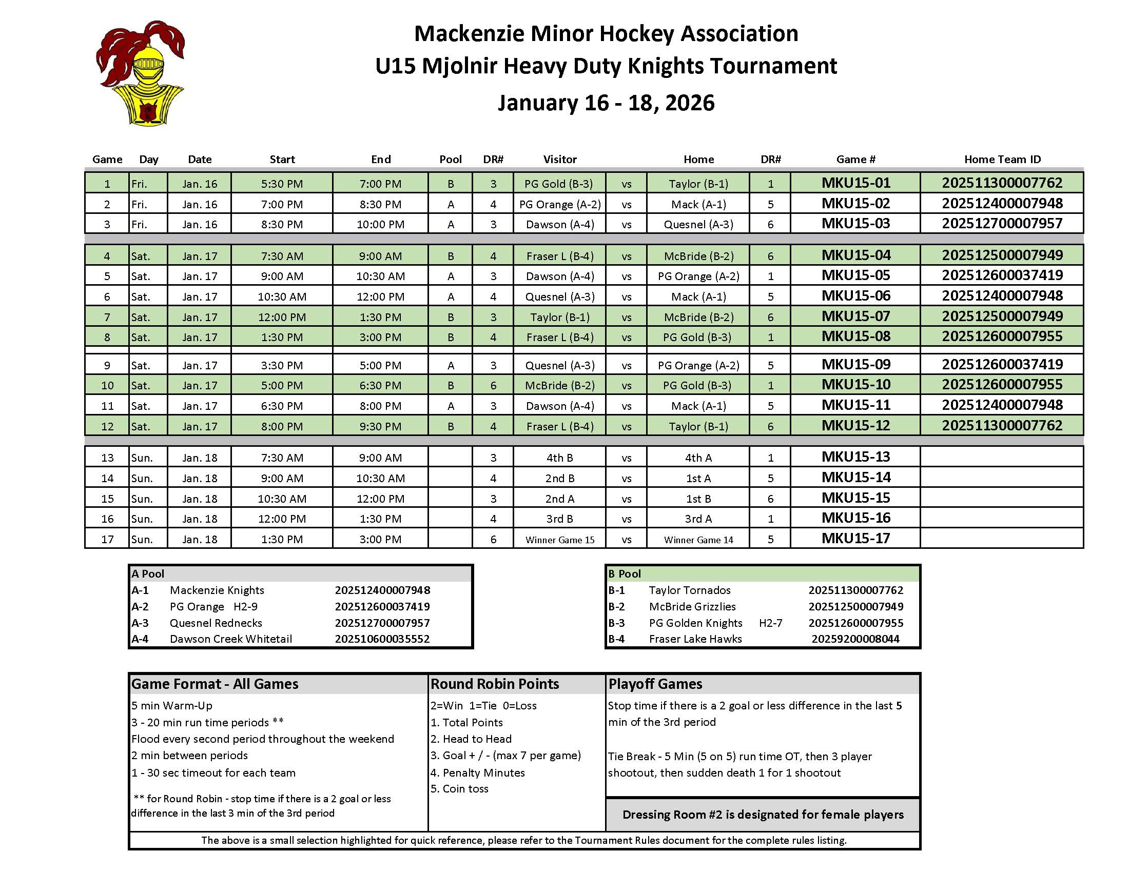 MMHA U15 Tournament Jan 16-18 2026 Schedule