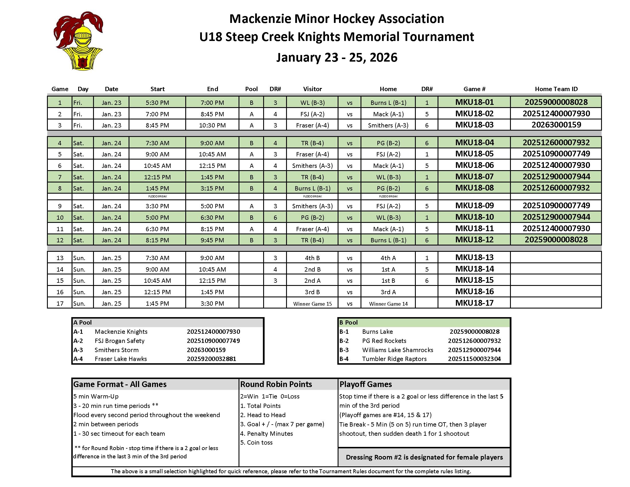 MMHA U18 Tournament Jan 23-25 2026 Schedule - Final V2